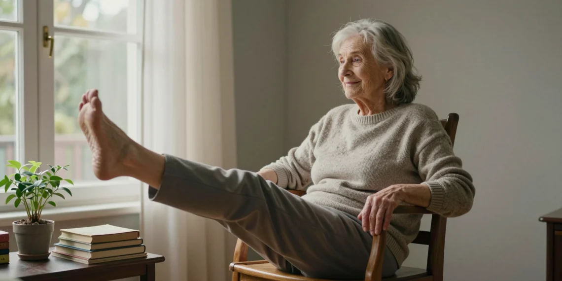 Moverse sin levantarse: la revolución silenciosa del ejercicio en silla para adultos mayores 1 Mujer mayor en silla de madera realizando elevación de pierna, ejercicio en silla para adultos mayores.