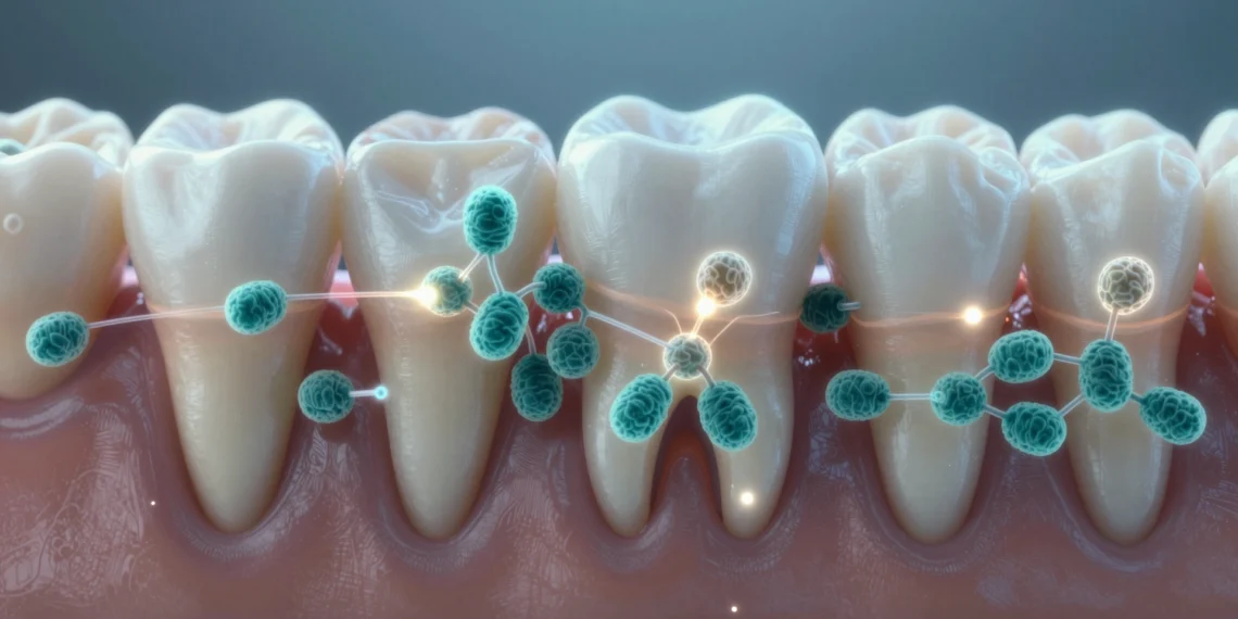 Bloquear el 'idioma' secreto de las bacterias de la boca podría frenar la periodontitis sin aniquilar microbios beneficiosos 1 Biofilm dental con colonias bacterianas y señales químicas que regulan la periodontitis sin destruir microbios beneficiosos