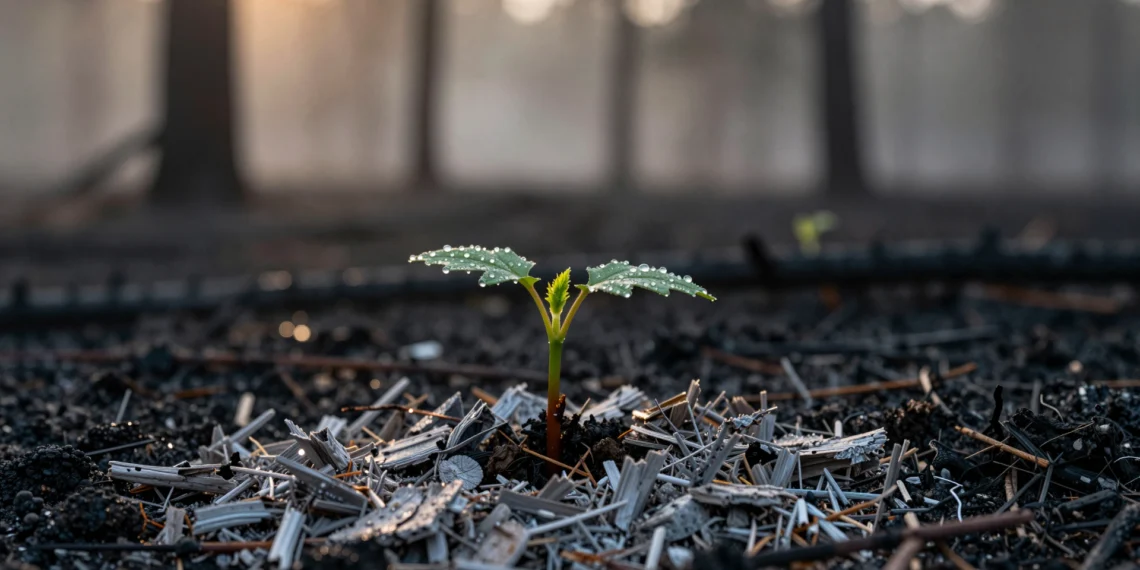 Del ave atrapada en un tubo al renacer tras el incendio: cinco imágenes que redefinen la resiliencia de la naturaleza europea 1 Brote verde entre cenizas y troncos quemados en un bosque europeo tras un incendio, símbolo de resiliencia natural