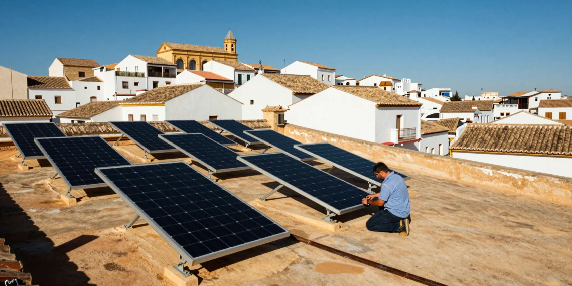 España convierte su mayor recurso natural en un líder europeo: así funciona la energía térmica solar 1 Técnico inspeccionando colectores solares térmicos en tejado andaluz bajo el intenso sol mediterráneo de España