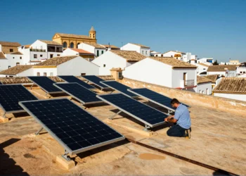 España convierte su mayor recurso natural en un líder europeo: así funciona la energía térmica solar 3 Técnico inspeccionando colectores solares térmicos en tejado andaluz bajo el intenso sol mediterráneo de España