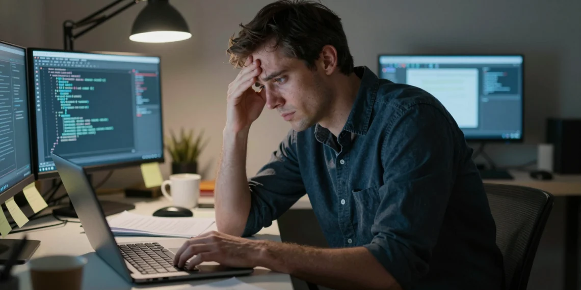 La promesa de estabilidad en tecnología se desvanece y obliga a los ingenieros a reescribir su futuro profesional 1 Ingeniero de software de unos 40 años, sentado en su oficina en casa de noche, con expresión cansada y pensativa frente a dos