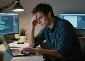 La promesa de estabilidad en tecnología se desvanece y obliga a los ingenieros a reescribir su futuro profesional 2 Ingeniero de software de unos 40 años, sentado en su oficina en casa de noche, con expresión cansada y pensativa frente a dos