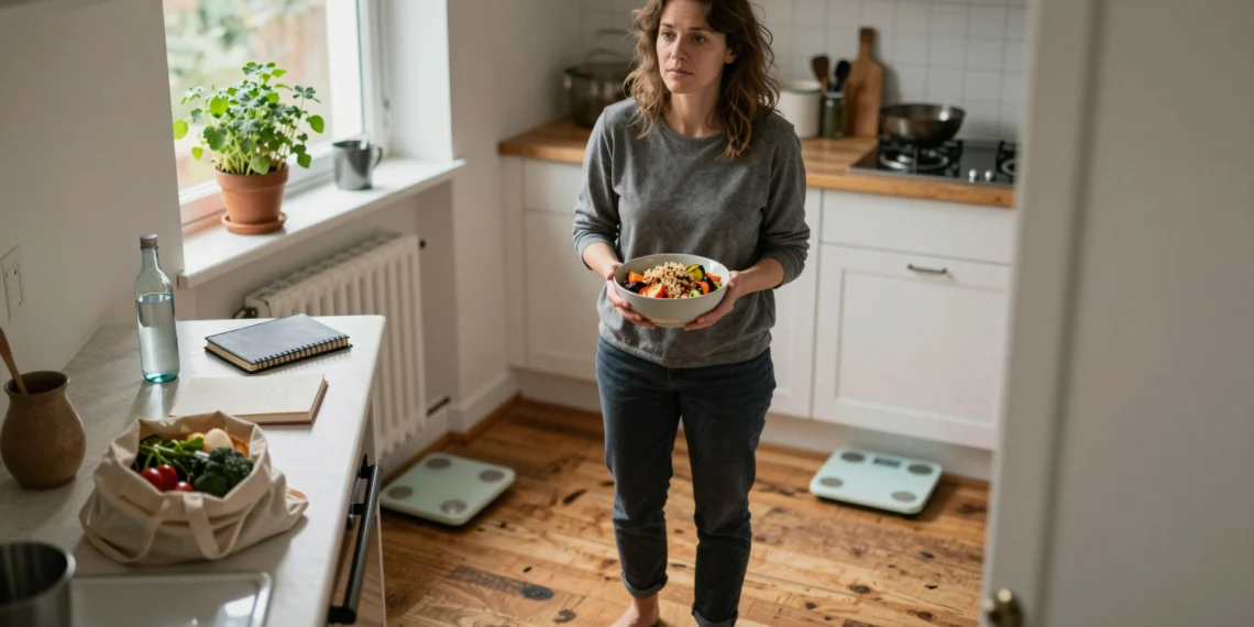 Adelgazar no va de fuerza de voluntad: la ciencia de los hábitos que sí funcionan 1 Mujer en cocina soleada sosteniendo un cuenco de verduras y quinoa, con elementos de rutina saludable.
