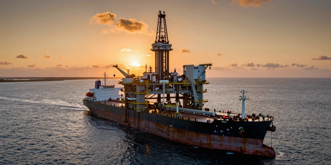 Un puerto flotante en el golfo se prepara para cargar superpetroleros con crudo estadounidense 1 Superpetrolero VLCC atracado en plataforma offshore en el Golfo de América cargando crudo estadounidense al atardecer