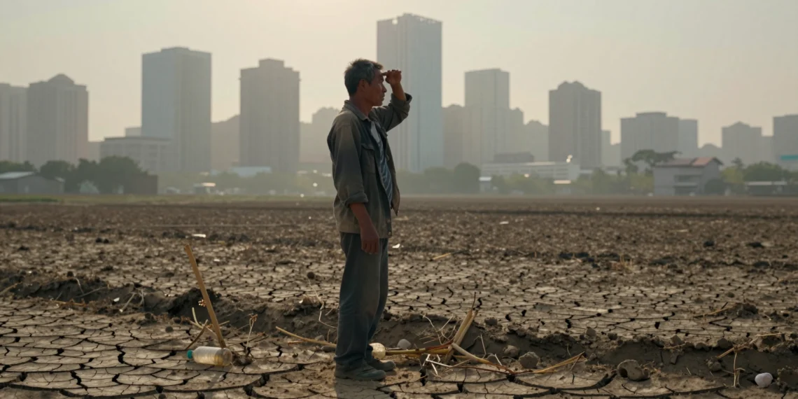 El planeta acumula calor desde hace décadas y no todos los cuerpos lo sienten igual 1 Agricultor en tierra agrietada y seca observando el horizonte urbano entre brumas de calor, símbolo de la desigualdad climáti