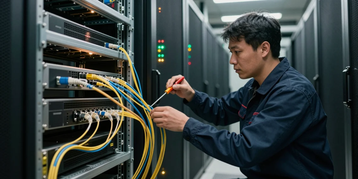 La IA empresarial ya no se gana con el mejor modelo, sino con la arquitectura que lo rodea 1 Ingeniero ajusta cables de fibra óptica y refrigeración alrededor de servidores en un centro de datos, ilustrando la infraest