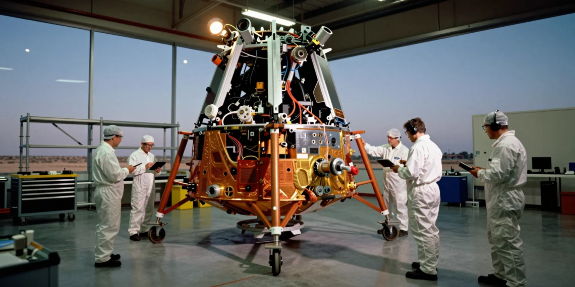 De un único aterrizaje exitoso a una base lunar: la carrera contrarreloj que ha encendido la mecha en Texas 1 Ingenieros en trajes blancos inspeccionan un módulo lunar parcialmente ensamblado en una gran instalación aeroespacial de TeX