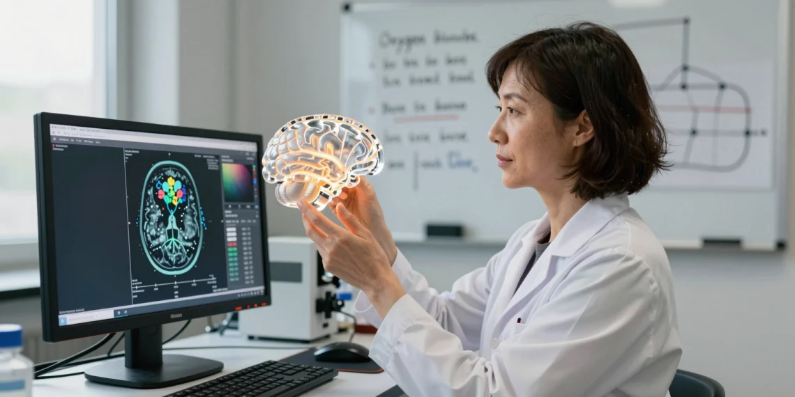 Usamos el 100 % del cerebro: la neurociencia desmonta los mitos más rentables de Hollywood 1 Neurocientífica sosteniendo un modelo de cerebro acrílico junto a un monitor con resonancia magnética funcional en un laborat