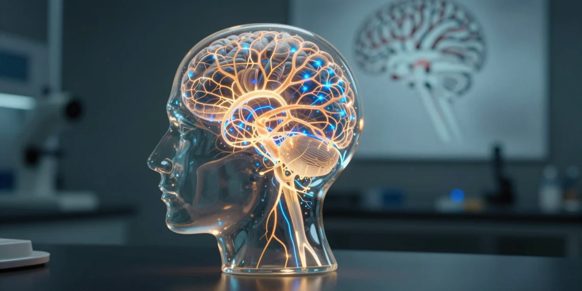 El mito del 'cerebro emocional' localizado: lo que la ciencia realmente ha descubierto sobre el miedo, la ira y la tristeza 1 Cabeza humana translúcida con red neuronal distribuida de luz ámbar y azul, simbolizando la complejidad emocional del cerebro