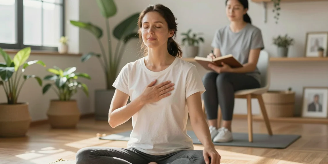 Reducir la ansiedad sin depender solo de fármacos ya es posible con estas estrategias respaldadas por expertos 1 Mujer meditando en un estudio de bienestar con terapeuta de fondo, estrategias para reducir la ansiedad sin fármacos