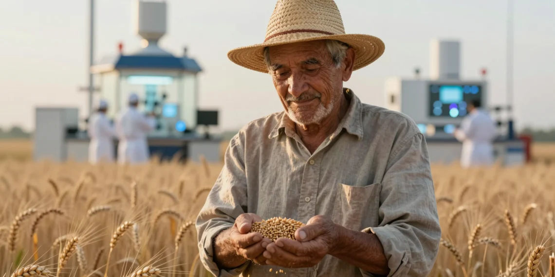 Qué es biotecnología: la ciencia que ya usabas sin saberlo y que hoy se organiza por colores 1 Agricultor mayor sosteniendo semillas de trigo en un campo al amanecer, con un laboratorio de biotecnología de fondo difumin.