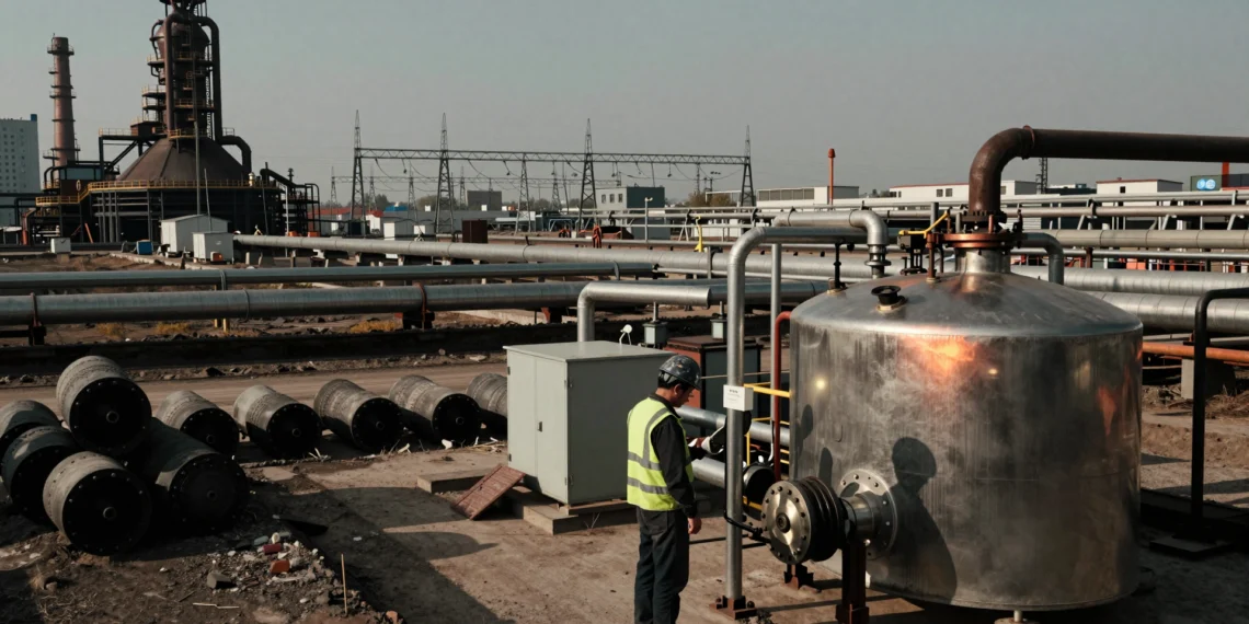 Europa ya tiene la tecnología para descarbonizar su industria: le falta todo lo demás 1 Técnico con casco y chaleco reflectante inspecciona un electrolizador en un complejo industrial europeo con módulos verdes y,