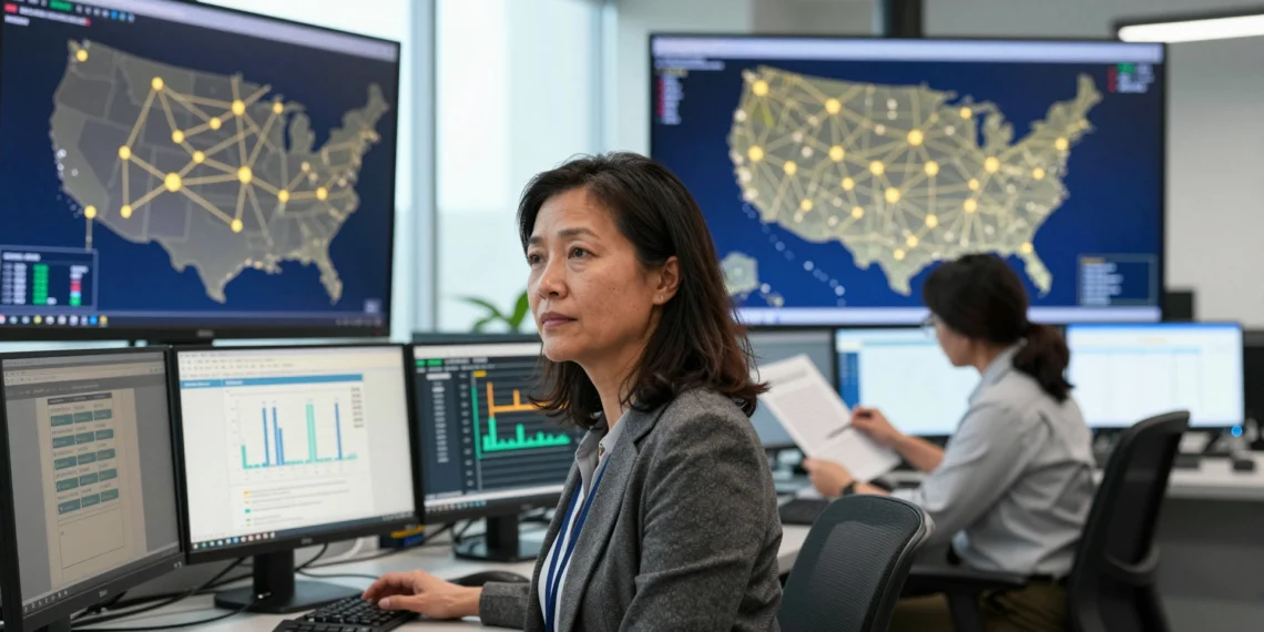 El sistema digital que vigila cada litro de biocombustible en Estados Unidos acaba de actualizar sus reglas 1 Analista de la EPA supervisando transacciones de biocombustible en un centro de operaciones con mapas de EE. UU.