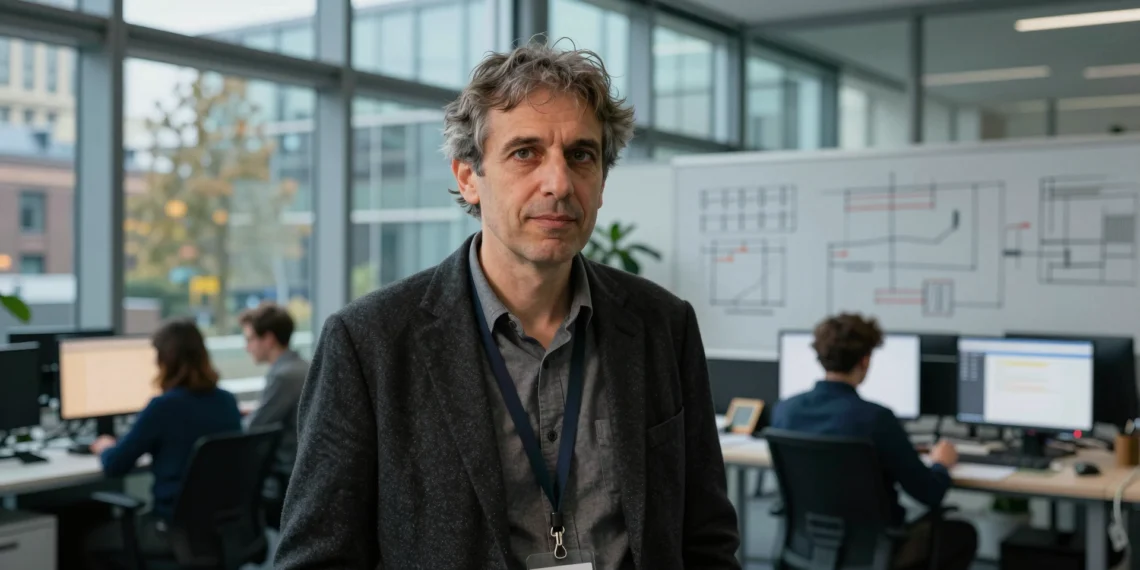 Un filósofo dentro de Google DeepMind intenta responder a la pregunta que la tecnología ya no puede evitar 1 Filósofo con chaqueta de lana y credencial en el atrio de Google DeepMind, reflexionando sobre la inteligencia artificial.