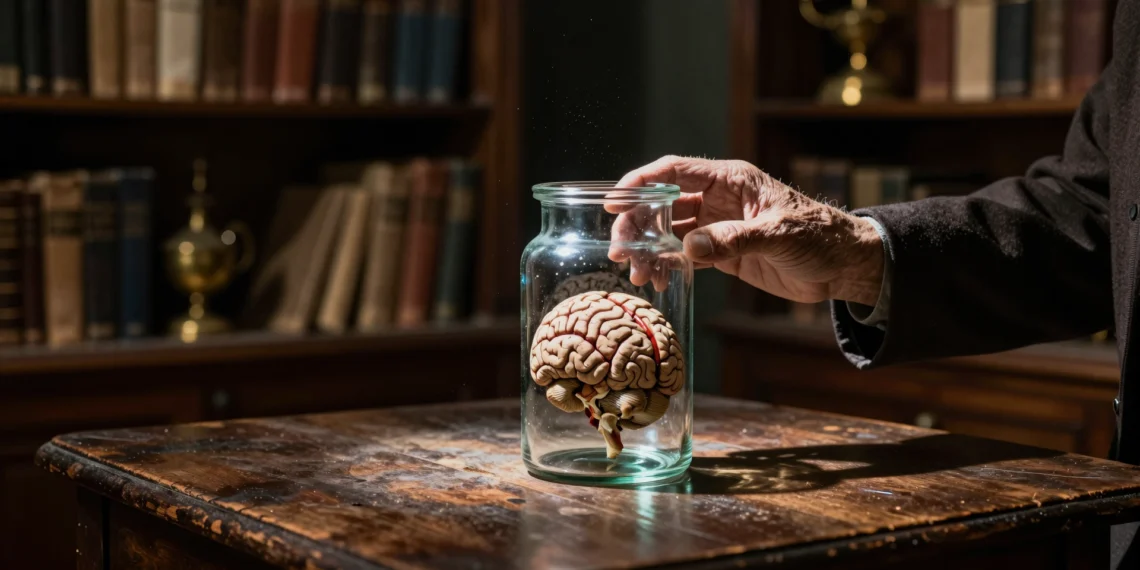 Antes de Cajal, el cerebro fue un enigma de líquidos, espíritus y nervios invisibles 1 Manos de un historiador sobre un frasco de vidrio con un cerebro conservado en una sala de archivo médico iluminada por un ra