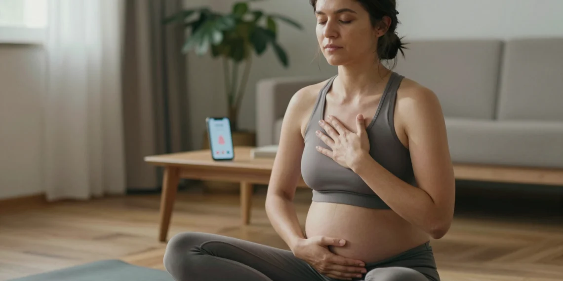 Ejercicios de respiración en Google: tres técnicas guiadas que están cambiando la forma de gestionar el estrés diario 1 Mujer practicando respiración diafragmática con móvil mostrando guía de respiración de Google para gestionar estrés