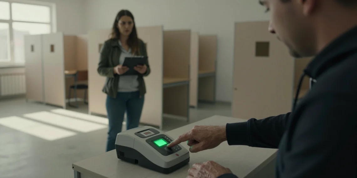 Fifty countries now scan fingerprints at the polls, but the real test of biometric voting is just beginning 1 Votante bosnio coloca el dedo en un escáner biométrico en un colegio electoral, con una observadora civil al fondo y cabinas半