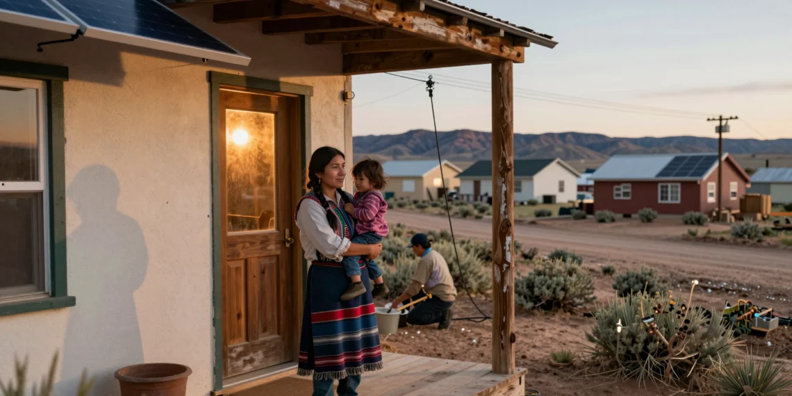 Tribal communities across America are set to receive their largest-ever federal energy investment 1 Mujer nativa americana con un niño en el porche de su casa rural mientras los trabajadores conectan una nueva línea eléctrica