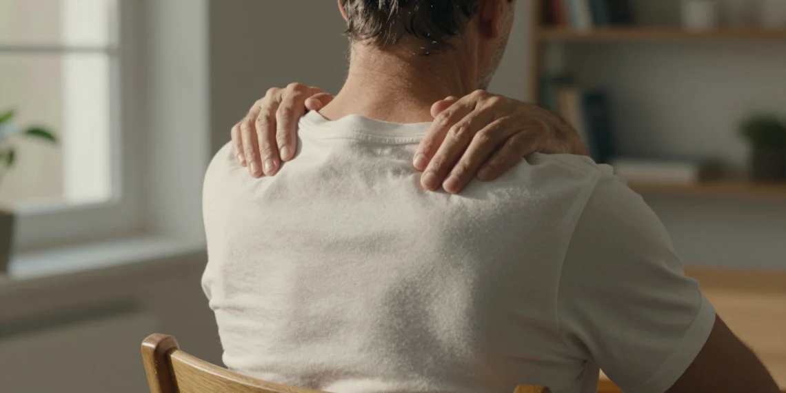 Un método de hace un siglo está demostrando ser una de las formas más rápidas de silenciar la mente 1 Hombre de espaldas tensando los músculos de hombros y cuello en una habitación con luz cálida de tarde