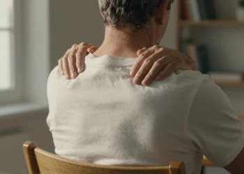 Un método de hace un siglo está demostrando ser una de las formas más rápidas de silenciar la mente 5 Hombre de espaldas tensando los músculos de hombros y cuello en una habitación con luz cálida de tarde