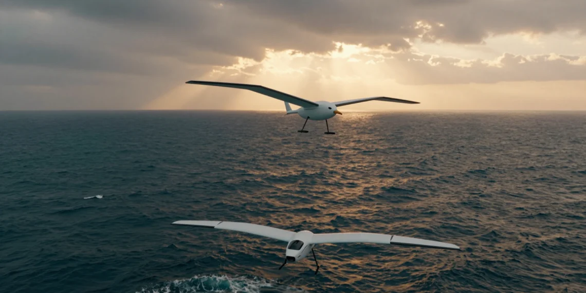 Un robot híbrido cae del cielo sin paracaídas, se endereza solo y navega usando sus alas como velas 1 Robot planeador híbrido descendiendo en espiral sobre el océano y navegando con sus alas como velas al atardecer