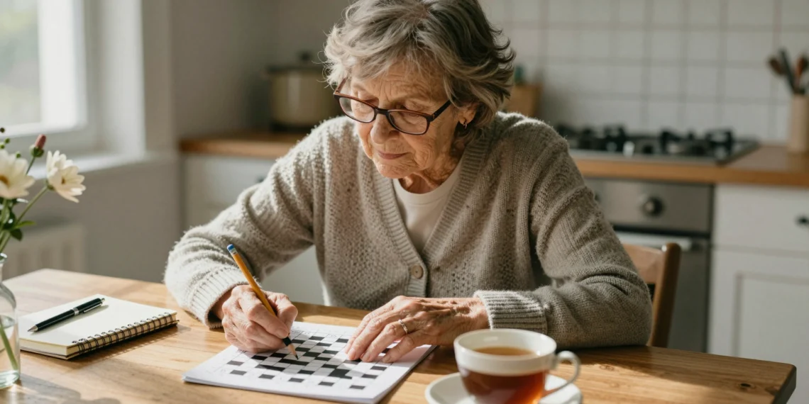 Olvidar las llaves no es el final: así se entrena la memoria para que la edad no pase factura 1 Mujer de 60 años resolviendo un crucigrama con té y cuadernos, práctica para entrenar la memoria y no olvidar las llaves.