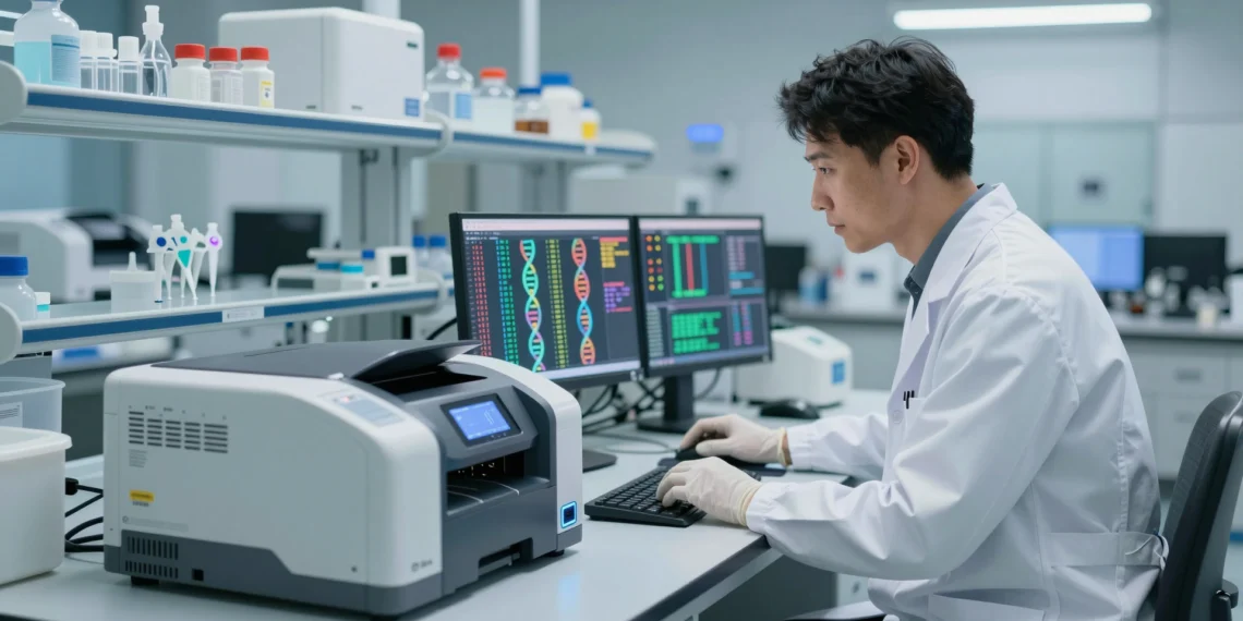 Leer el código de la vida: así se reescribe hoy el futuro de la medicina 1 Científico analiza secuencias de ADN en un laboratorio hospitalario moderno con máquina de secuenciación genómica