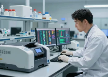 Leer el código de la vida: así se reescribe hoy el futuro de la medicina 8 Científico analiza secuencias de ADN en un laboratorio hospitalario moderno con máquina de secuenciación genómica