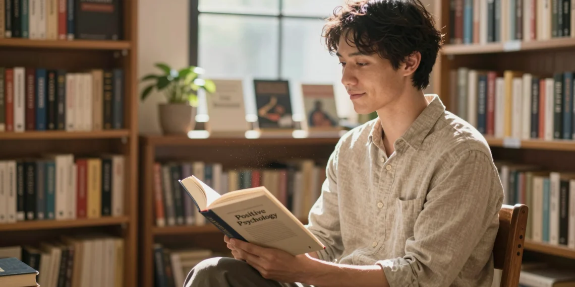 Libros de psicología positiva: el camino científico hacia un bienestar que sí puedes entrenar 1 Joven lectora con camisa de lino sostiene un libro abierto de psicología positiva en una librería soleada, con estantes de cl