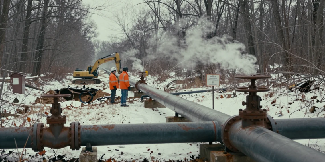 El gasoducto que llevaba una década bloqueado resurge con financiación militar de 42 millones de dólares 1 Gasoducto inactivo en un bosque nevado de Pensilvania, inspeccionado por trabajadores, resurge tras una década bloqueado