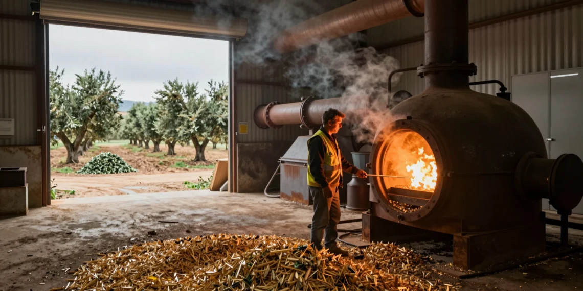 Biomasa, energía renovable: así convierte España sus residuos agrícolas y forestales en electricidad constante 1 Trabajador supervisa caldera de biomasa con pellets de olivo en planta energética de Andalucía, España