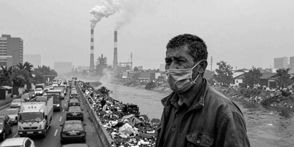 La factura invisible del progreso: así enferma al planeta la contaminación que generamos a diario 1 Hombre de unos 50 años con mascarilla de tela junto a una carretera industrial, con camiones, humo de fábricas y un río lleno