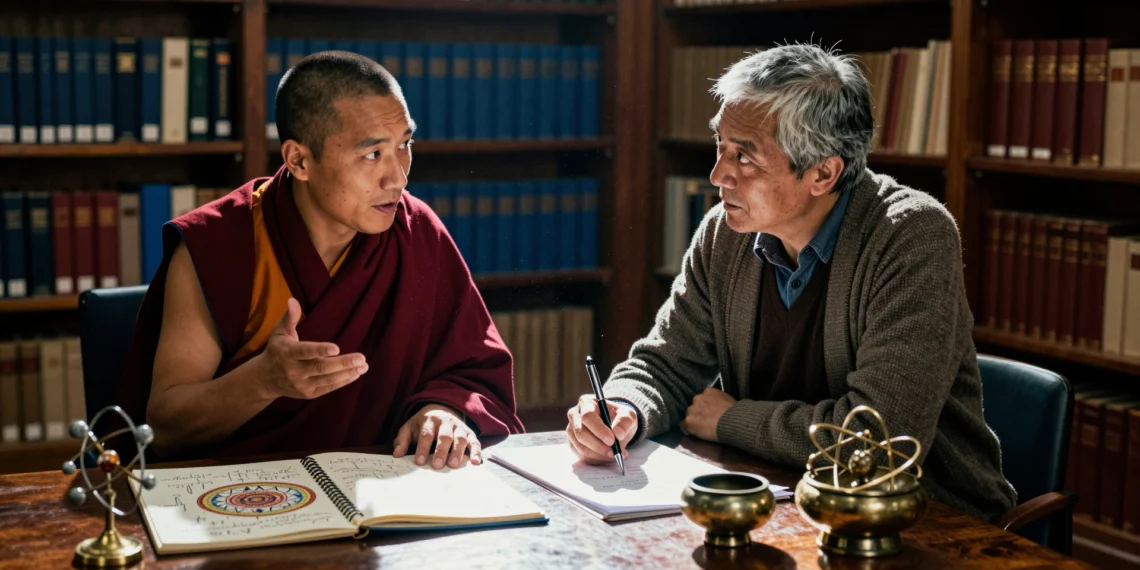 Física cuántica y espiritualidad: la delgada línea entre el diálogo profundo y la pseudociencia 1 Monje budista y físico teórico dialogando sobre una mesa con mandala y ecuaciones cuánticas, entre ciencia y espiritualidad.