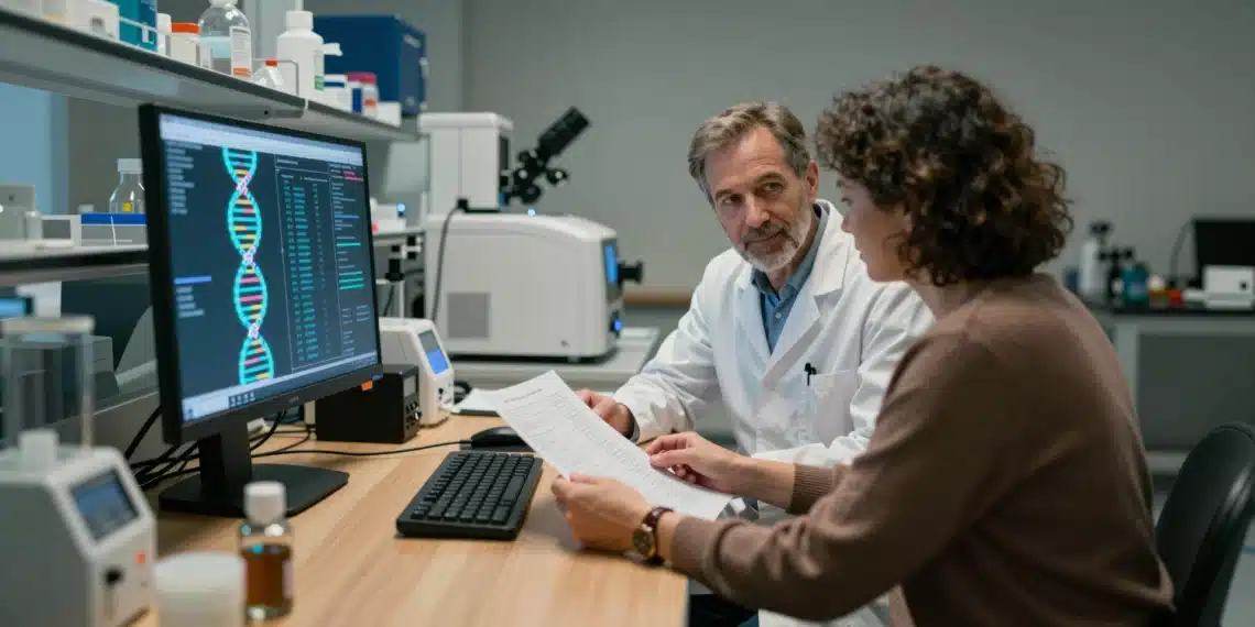 Del laboratorio a la consulta: la genética humana ya está cambiando el diagnóstico y el tratamiento de enfermedades 1 Científico analizando ADN en laboratorio y médico revisando informe genómico con paciente en consulta clínica