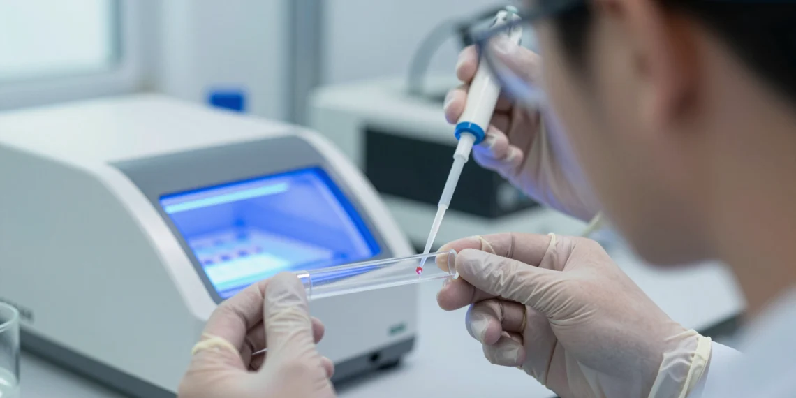 La química oculta que podría cambiar la forma en que los dentistas entienden tu boca 1 Estudiante de odontología con guantes sostiene un tubo de PCR con saliva junto a un equipo de electroforesis en laboratorio.