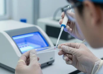 La química oculta que podría cambiar la forma en que los dentistas entienden tu boca 8 Estudiante de odontología con guantes sostiene un tubo de PCR con saliva junto a un equipo de electroforesis en laboratorio.