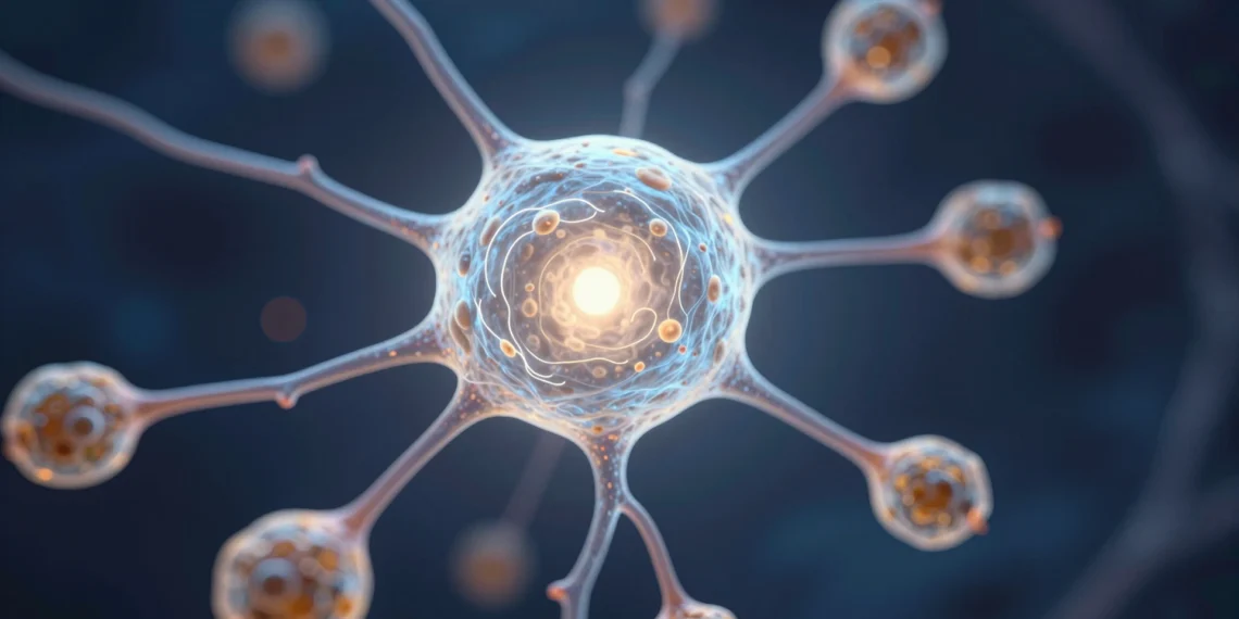 Células madre: las piezas de repuesto que tu cuerpo ya lleva dentro 1 Célula madre luminosa y translúcida flotando en un entorno biológico oscuro con filamentos ramificados