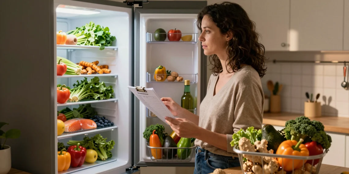 Descargar la lista de alimentos antiinflamatorios en PDF que transforma la compra semanal en una herramienta de salud 1 Mujer con lista de la compra frente a nevera llena de alimentos antiinflamatorios como verduras, salmón y cúrcuma