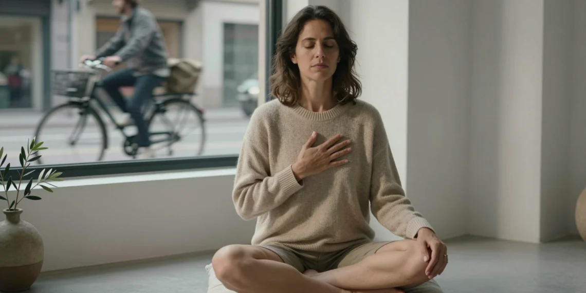 La técnica psicológica inversa que convierte el pánico en una herramienta de calma 1 Mujer española de mediana edad medita en un estudio de Barcelona mientras la ciudad se mueve borrosa tras la ventana