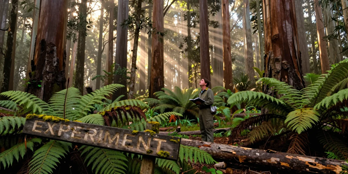 Un experimento forestal olvidado durante 30 años acaba de reescribir las reglas de la silvicultura 1 Investigador forestal ante eucaliptos gigantes junto a cartel de experimento abandonado entre helechos en Victoria, Australia