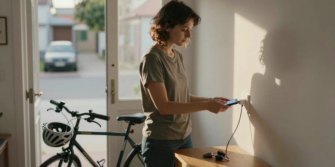 Pequeños gestos cotidianos que están redefiniendo la lucha contra el calentamiento global 1 Mujer desenchufa cargador, con bicicleta y llaves de coche sin usar, reflejando pequeños gestos contra el calentamiento全球.