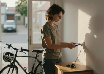 Pequeños gestos cotidianos que están redefiniendo la lucha contra el calentamiento global 9 Mujer desenchufa cargador, con bicicleta y llaves de coche sin usar, reflejando pequeños gestos contra el calentamiento全球.