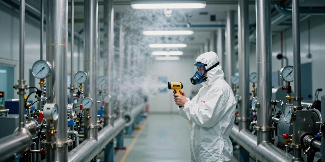Hay gases que atrapan el calor 22.200 veces más que el CO2 y apenas se habla de ellos 1 Científico con traje protector y analizador de gases en una fábrica de semiconductores, inspeccionando fugas de gases de alto