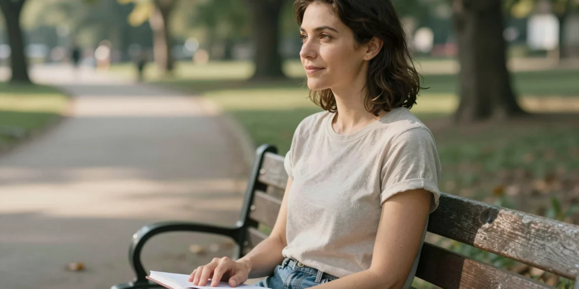 Frases de psicología positiva para entrenar una mente que juegue a tu favor 1 Mujer en un banco del parque con un diario, mirando un sendero soleado; evoca la psicología positiva para entrenar la mente.