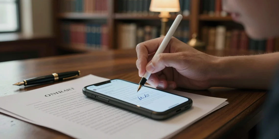 Dos criptógrafos resolvieron en 1976 un problema que hoy firma millones de contratos al día 1 Primer plano de una mano firmando un contrato digital en un smartphone con stylus, con una pluma y papeles de fondo.