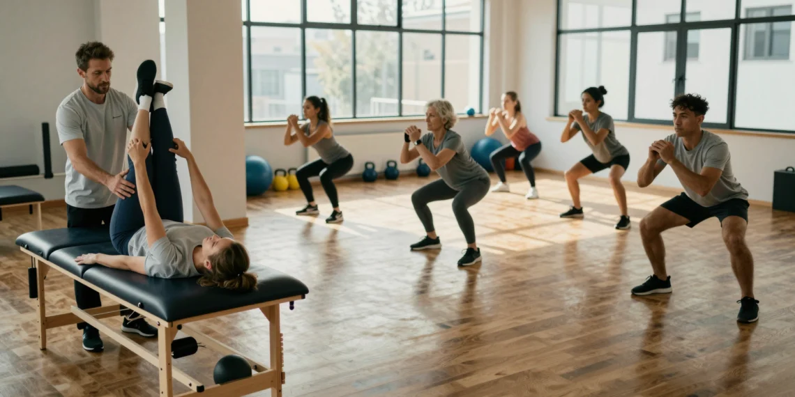 De la camilla de fisioterapia al gimnasio: la historia no contada del ejercicio funcional 1 Fisioterapeuta guiando a un paciente en ejercicio funcional, con transición visual hacia un gimnasio moderno iluminado
