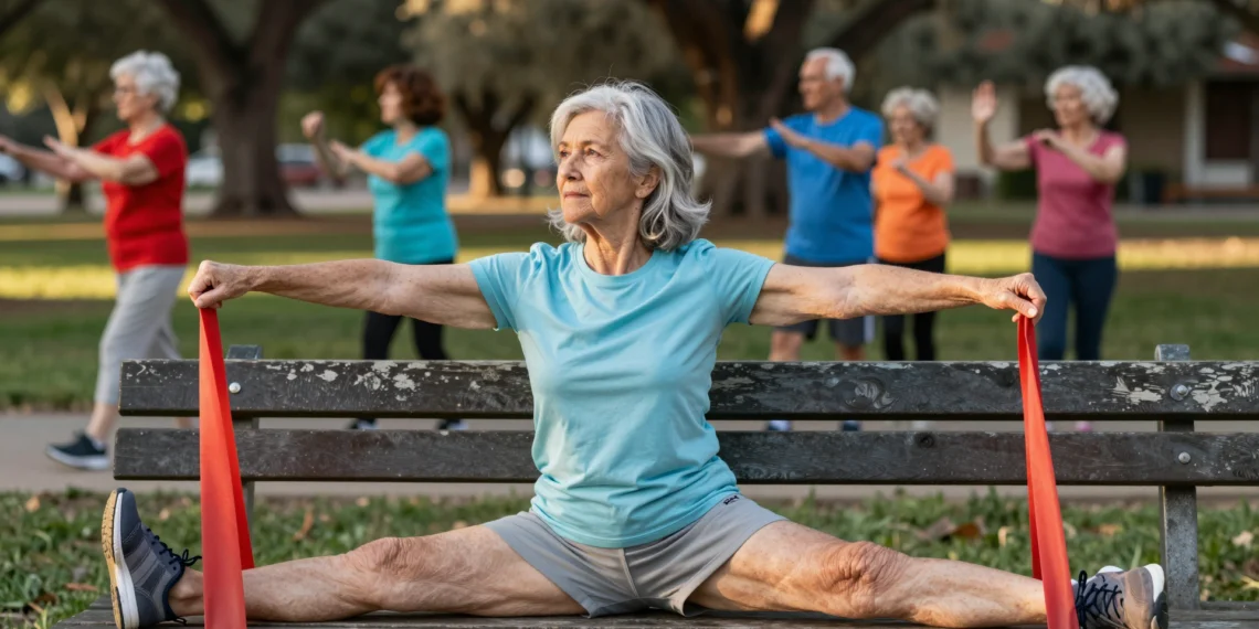 Llegar a los 65 no significa abandonar el ejercicio: cinco formas sencillas de mantenerse activo en la madurez 1 Mujer de 68 años con pelo plateado estira una banda elástica en un banco del parque, ejemplo de actividad física en la madure