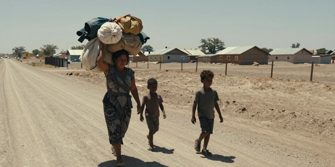 La gran paradoja de la migración climática: millones se mueven dentro de su país y la ciencia apenas los estudia 1 Mujer con hatillo en la cabeza y dos niños caminan por una carretera polvorienta, reflejo de la migración climática interna.