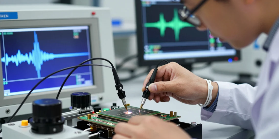 Un fallo oculto frenaba los ordenadores cuánticos: así lo han resuelto con una calibración por parejas 1 Investigador del RIKEN ajustando sondas de microondas para calibrar por parejas un chip cuántico criogénico